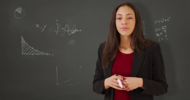 Hispanic Woman Teacher Explains Math Students Chalk Board Latina Professor — Stock Video