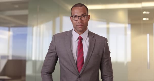 Czarny Biznesmen Pozował Portretu Swoim Biurze Afroamerykanin Garniturze Krawacie Patrzy — Wideo stockowe
