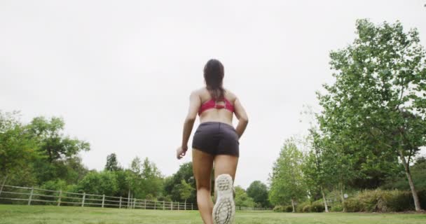 Υγιής Νεαρή Ασιάτισσα Τρέχει Και Πηδάει Στο Πάρκο — Αρχείο Βίντεο