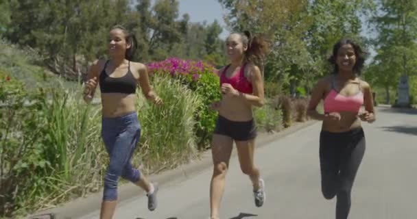 Drie Vrouwen Rennen Het Park — Stockvideo