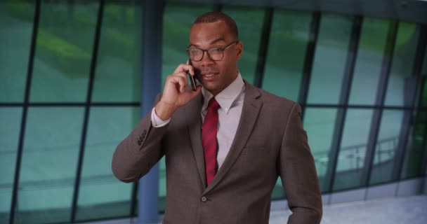 Ejecutivo Negro Confiado Terminando Una Llamada Telefónica Con Colega Envía — Vídeos de Stock