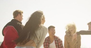 Genç bir grup ırklar arası arkadaş sahilde dans ediyor.