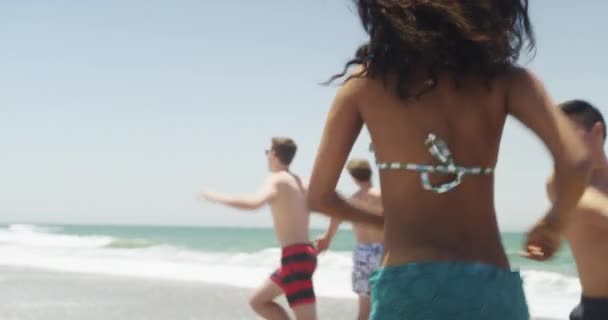 Bir Grup Irklar Arası Arkadaş Kumsalda Koşuyor — Stok video