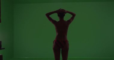 Çizgili mayolu seksi siyah kadın yeşil ekranda eğleniyor. Anahtar ya da birleşik olmak üzere yeşil ekranda.
