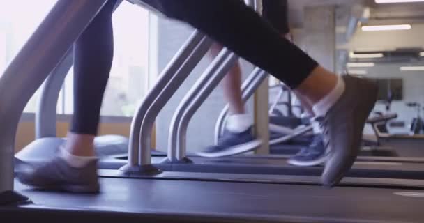 Menutup Dari Dua Orang Kaki Berjalan Treadmill Gym Pandangan Sudut — Stok Video