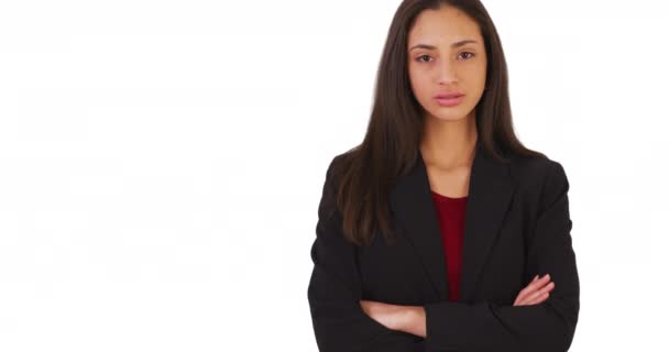 Hispanic Businesswoman Poses Portrait White Background Latina Office Executive Looks — Stock Video