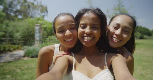 Boldog Barátnők Csinálnak Egy Szelfit Szabadban — Stock videók