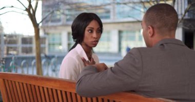 Afrikalı profesyonel bir kadının potansiyel işvereniyle dışarıda bir bankta iş görüşmesi var. Çekici genç iş kadını, erkek iş adamıyla istihdam konusunu tartışıyor. 4k