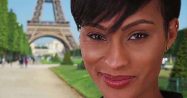 Atemberaubende Mischlingshündin Paris Frankreich Blickt Glücklich Die Kamera Eine Junge — Stockvideo