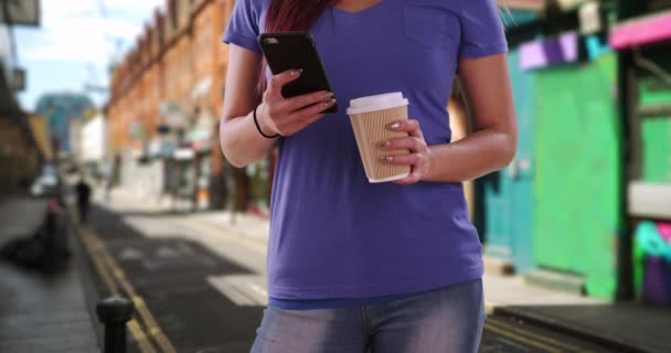 Mensajes Texto Femeninos Japoneses Teléfono Móvil Barrio Hipster Mujer Bebiendo — Vídeos de Stock