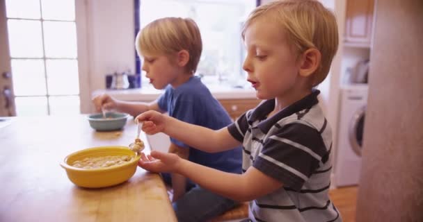 Μικρό Αγόρι Κατανάλωση Δημητριακών Τον Αδελφό Του — Αρχείο Βίντεο
