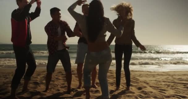 Skupina Šťastných Přátel Tančí Písku Pláži — Stock video