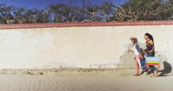 Afrika Kökenli Amerikalı Kız Arkadaşlar Ellerinde Sandalyelerle Sahil Duvarında Yürüyorlar — Stok video