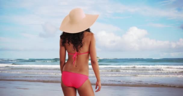 Visão Traseira Raça Mista Sexy Millennial Praia Assistindo Ondas Fit — Vídeo de Stock
