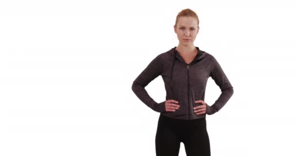 Stern Blonde Young Lady White Background Posing Proudly Hands Hips — Stock Video