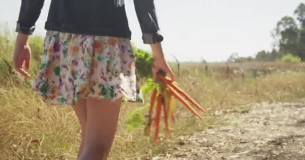 Блондинка Ходит Свежими Овощами — стоковое видео