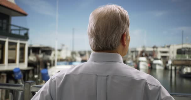 シーポートに立って成熟した白人の肖像画は 帆船を見て 年上の男白人見ますボートドッキングでマリーナ — ストック動画