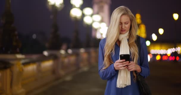 Vit Kvinna Semester Paris Frankrike Beskriver Pont Alexandre Iii För — Stockvideo