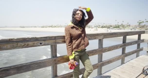 Beautiful Young Black Woman Absorbing Cool Sea Breeze Pier — Stock Video