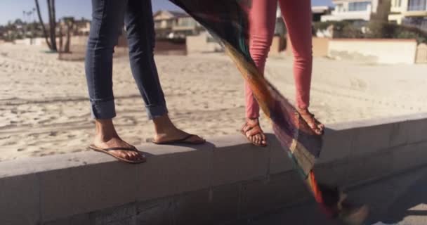 Primo Piano Due Donne Piedi Piedi Sul Muro Spiaggia — Video Stock