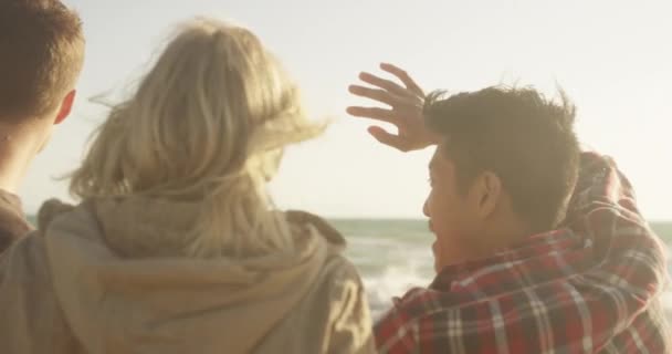 Freunde Blicken Bei Sonnenuntergang Auf Das Meer — Stockvideo