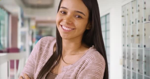 Young Woman Smiles Camera Post Office Young Girl Poses Portrait — Stock Video