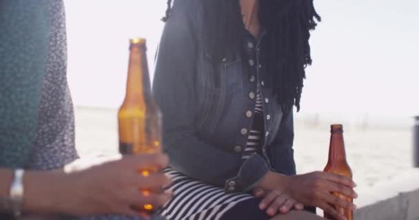 Sahilde Oturup Içki Içen Iki Genç Siyahi Kadının Yakın Çekimi — Stok video
