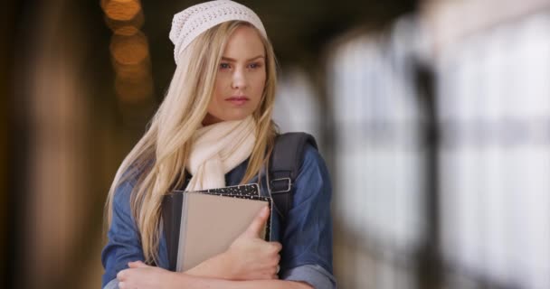 Blonde Millennial Student Stands Alone Hallway Her College Campus Lost — Stock Video