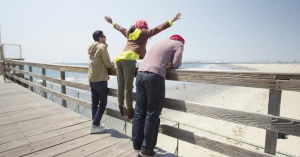 Donna Africana Che Raggiunge Cielo Piedi Sul Molo Con Due — Video Stock