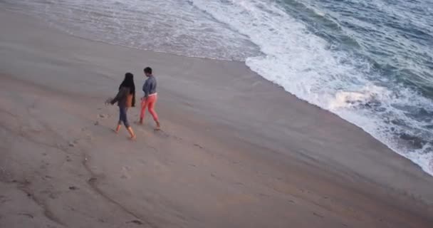 Siyahi Kadınların Yüksek Açılı Manzarası Iyi Arkadaşlar Kumlu Sahilde Yürüyor — Stok video
