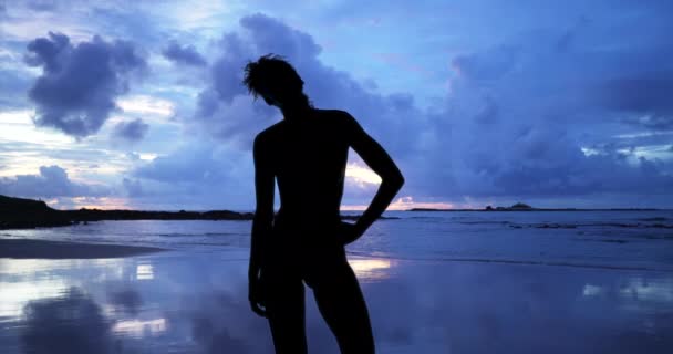 Samotná Silueta Smyslné Ženy Stojící Pláži Akt Žena Izolované Večerní — Stock video