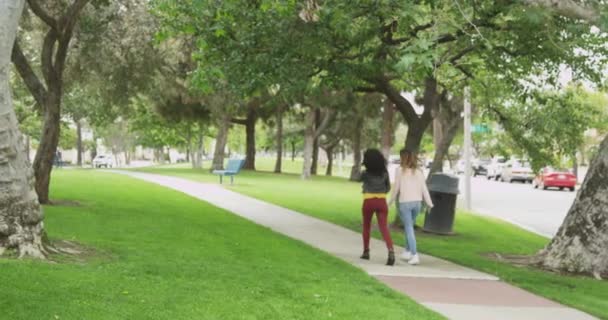 Duas Mulheres Caminhando Juntas Parque — Vídeo de Stock