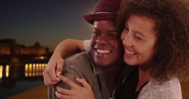 Young Tourist Couple Laugh Embrace River Arno Florence Happy Black — Stock Video