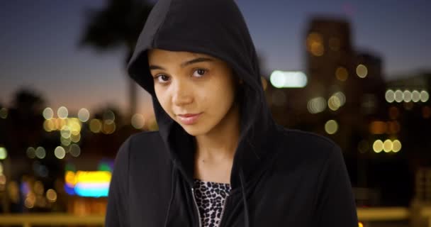 Hooded Young Girl Smiles Camera Hooded Young Woman Out Town — Stock Video