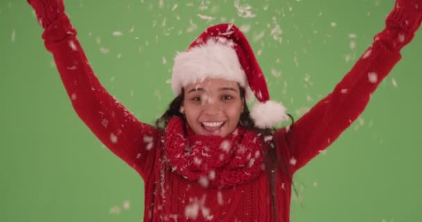 Menina Natal Jovem Jogando Neve Tela Verde Tela Verde Para — Vídeo de Stock