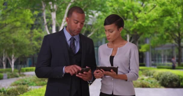 Een Paar Succesvolle Afro Amerikaanse Zakenpartners Bekijken Financiële Gegevens Hun — Stockvideo