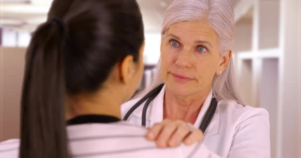 Médico Feliz Habla Con Paciente Hospital Una Paciente Joven Habla — Vídeos de Stock