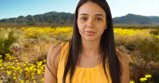 Egy Boldog Fiatal Lány Pózol Egy Portréhoz Terepen Egy Fiatal — Stock videók