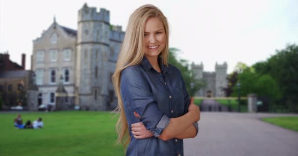 Confident Young Female Millennial Stands Park Smiling Pretty Blonde Woman — Stock Video