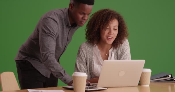 Mladí Šťastní Spolupracovníci Používají Počítač Zelené Obrazovce Zelené Obrazovce Která — Stock video