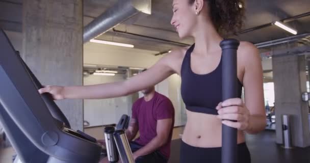 Multi Ethnic Hispanic Black Couple Finishing Work Out Gym Getting — Stock Video