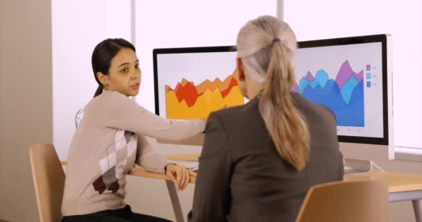 Два Офисных Специалиста Говорят Статистике Своей Компании Деловые Женщины Говорят — стоковое видео
