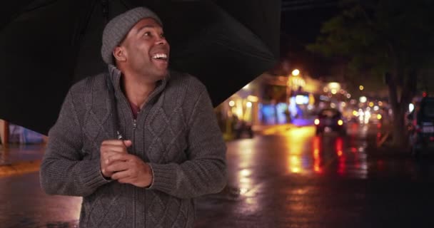 African American Man Takes Selfie Rain Black Guy Takes Picture — Stock Video