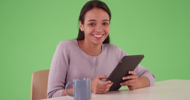 Young Hispanic Business Professional Sitting Desk Tablet Computer Smiling Camera — Stock Video