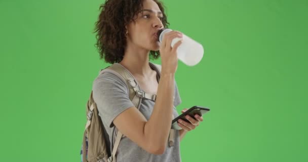 Millennial Afroamericana Chica Toma Una Foto Con Teléfono Una Caminata — Vídeos de Stock