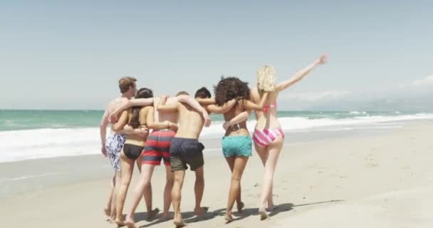 Gruppo Giovani Amici Multietnici Che Stringono Sulla Spiaggia — Video Stock