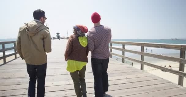 Κάμερα Παρακάτω Ομάδα Hipster Φίλους Περπάτημα Στην Προβλήτα Στην Παραλία — Αρχείο Βίντεο