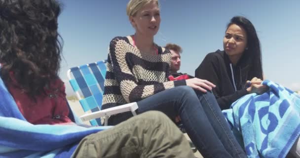 Portrait Hip Young Interracial Friends Sitting Talking Beaech — Stock Video