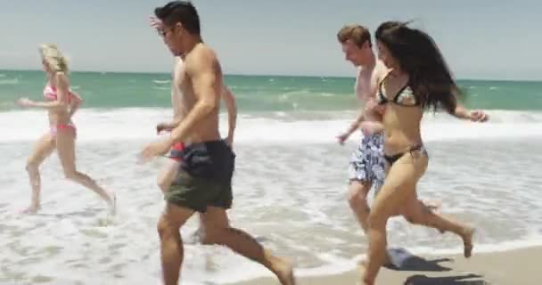 Giovani Adulti Freschi Che Corrono Lungo Spiaggia — Video Stock