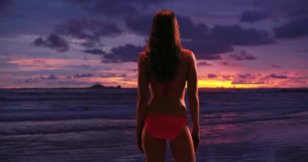 性感女人站在海滩上欣赏日落 20多岁的妇女度假时在海滩观看日落的背影 — 图库视频影像